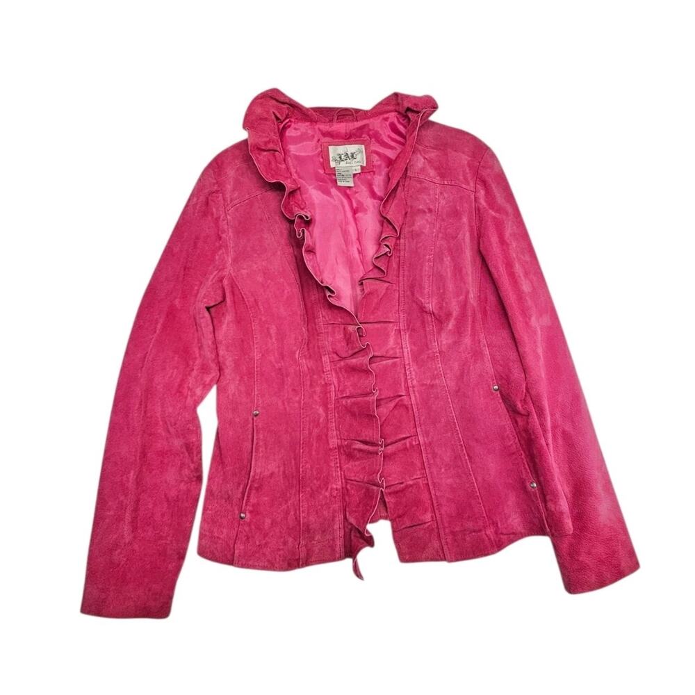 Vintage Y2K Pink Suede Leather Jacket Tie Closure Women's Large Ruffle Bomber